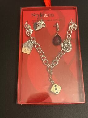 Style & Co.  Charm Bracelet Dice Heart Horse Carriage Silver Tone
